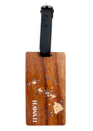 Koa Wood Luggage Tag - Hawaiian Islands Map