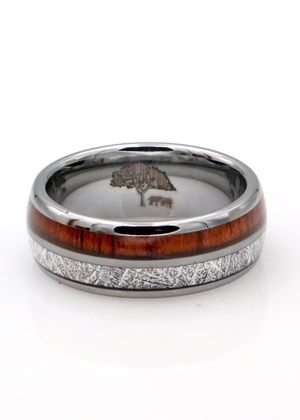 Koa Wood and Meteorite Silver Tungsten Ring 8mm