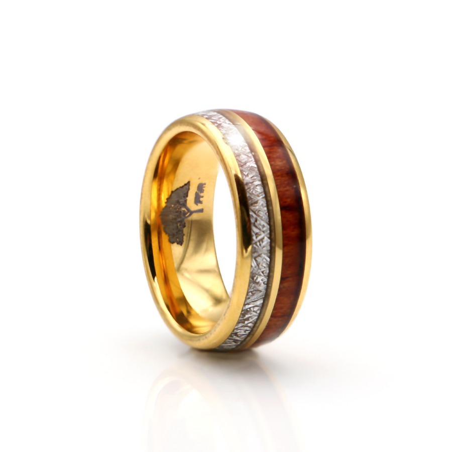 Koa Wood and Meteorite Gold Tungsten Ring 8mm
