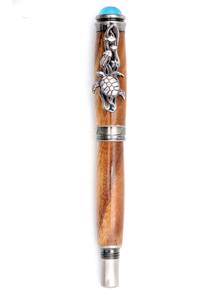 Hawaiian Koa Wood Underwater Honu Fountain Pen - Antique Silver
