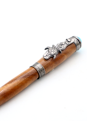 Hawaiian Koa Wood Underwater Honu Fountain Pen - Antique Silver