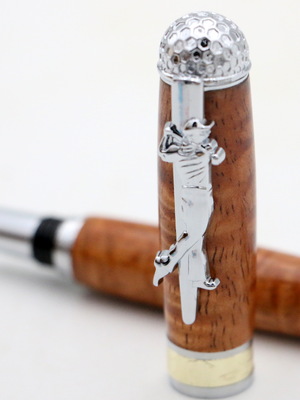 Premium Curly Hawaiian Koa Golf Pen - Chrome & Gold Accent