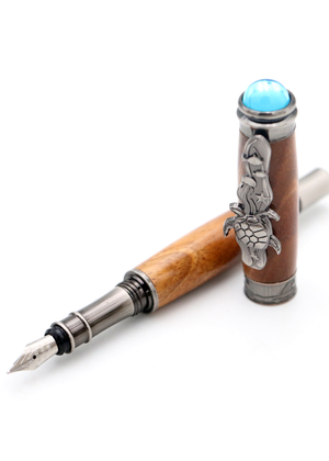 Hawaiian Koa Wood Underwater Honu Fountain Pen - Antique Silver