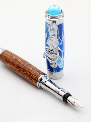 Hawaiian Koa Wood Underwater Honu Fountain Pen - Chrome