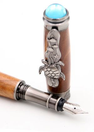 Hawaiian Koa Wood Underwater Honu Fountain Pen - Antique Silver