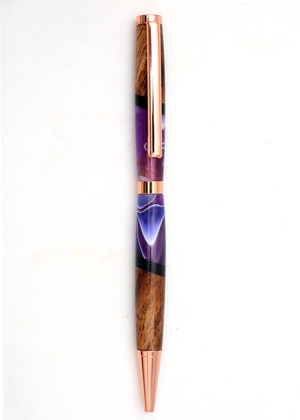 Hawaiian Koa Wood & Purple Swirl Resin Copper Slimline Pen