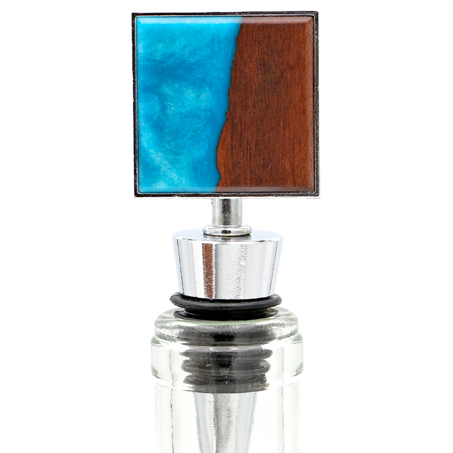 Koa Wood and Resin Square Bottle Stopper - Aqua