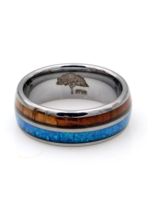 Koa Wood and Opal Silver Tungsten Ring 8mm