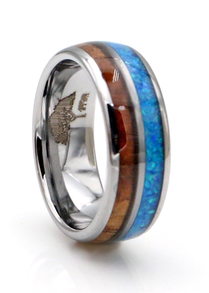 Koa Wood and Opal Silver Tungsten Ring 8mm