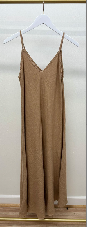 Italian Linen Maxi Slip Dress in Camel