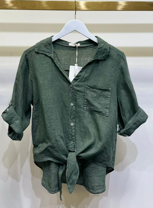 Linen Front-Tie High / Low Button Down Shirt in Army Green
