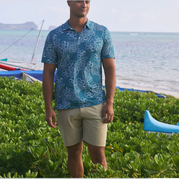 Hibiscus Monstera Performance Polo in Hydro