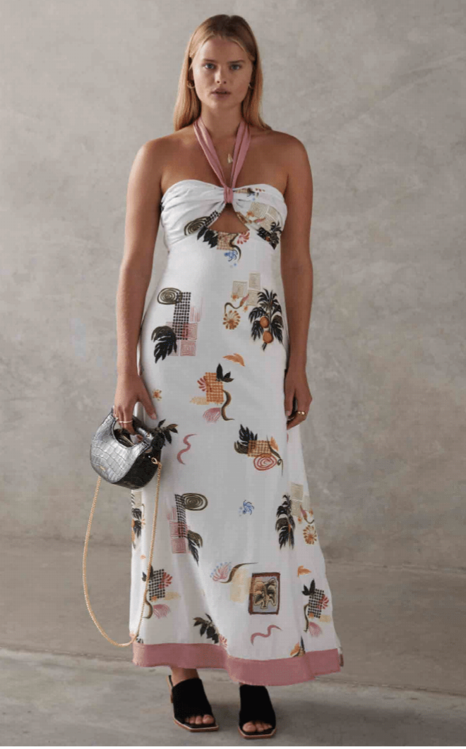 sachin and babi light blue dress City Vibe Floral Printed Halter Neck Tie Back Maxi Dress