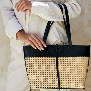 Rattan Cane Weave Tote with Black Leather Trim