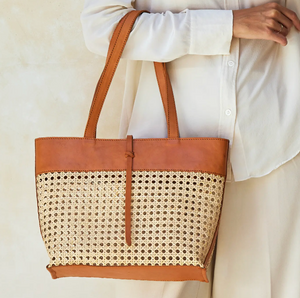 Rattan Cane Weave Tote with Leather Trim Medium Brown