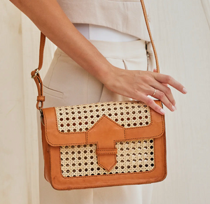 Rattan Convertible Clutch with Leather Trim