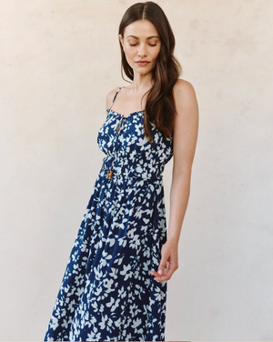 Elastic Waist Midi Dress - Indigo Bloom