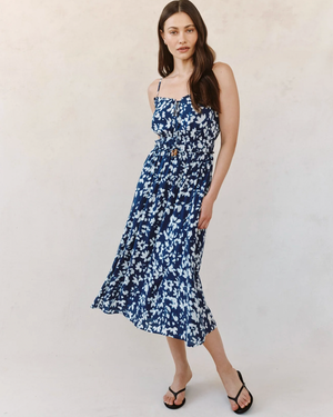 Elastic Waist Midi Dress - Indigo Bloom