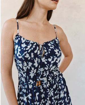Elastic Waist Midi Dress - Indigo Bloom