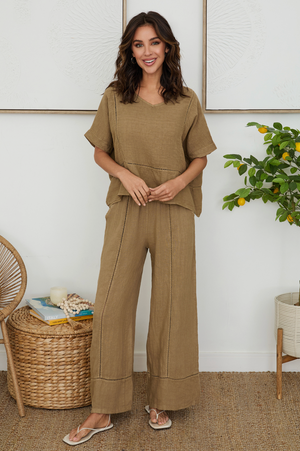 Linen Open Stitch V-Neck Top