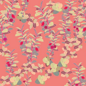 A repeating botanical pattern featuring leafy stems with small red berries on a coral pink background.