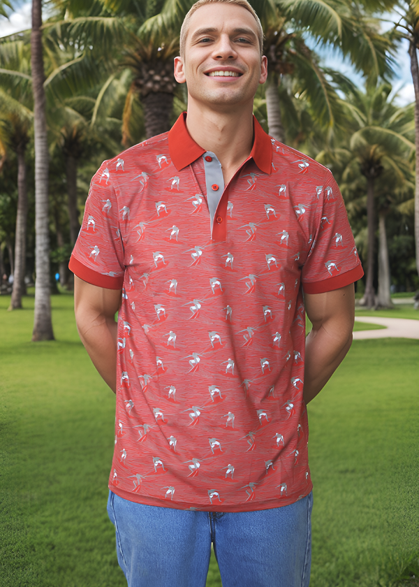 Surf Line Drawing Performance Polo - Red