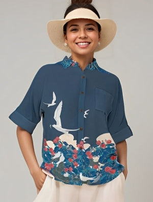 Manu-o-ku in Blue Women's Kimono Sleeve Aloha Shirt