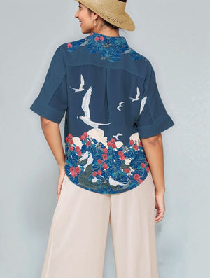Manu-o-ku in Blue Women's Kimono Sleeve Aloha Shirt