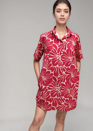 Island Shirt Dress - Vintage Flowers Raspberry
