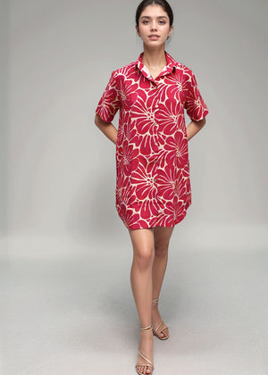 Island Shirt Dress - Vintage Flowers Raspberry