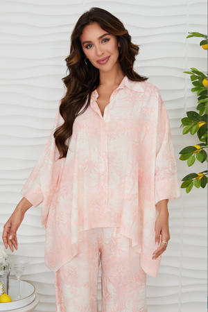 Tropical Palm Batwing Button Down - Blush