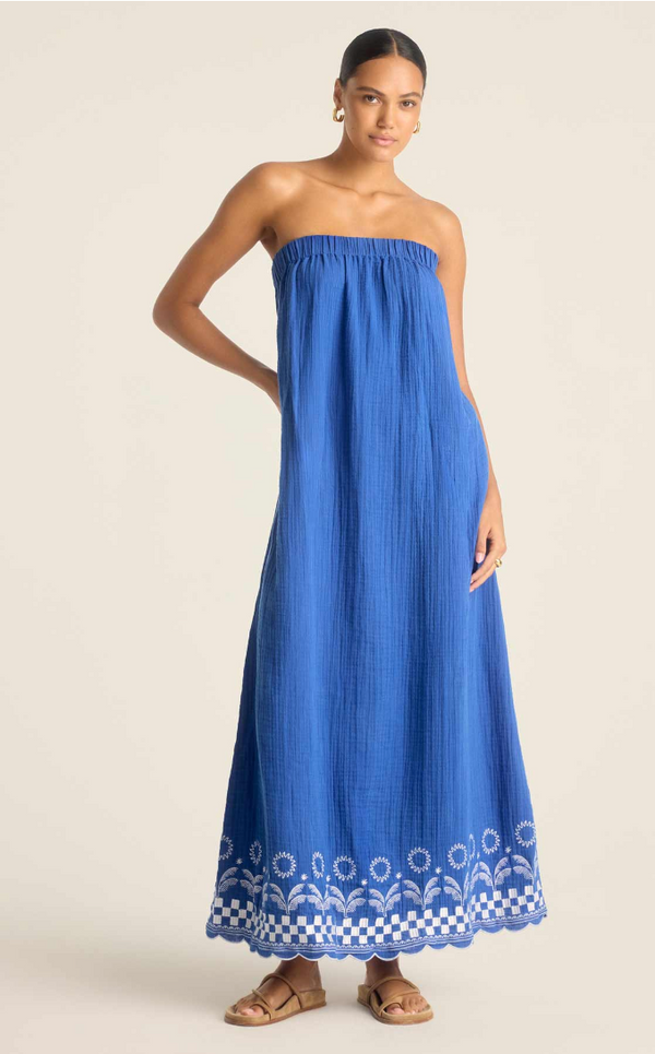 Daya Embroidered Dress in Cobalt Blue