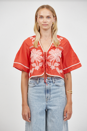 Auguste Floral Eyelet Tie Top in Red