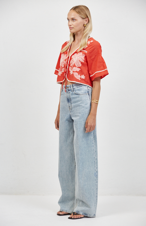 Auguste Floral Eyelet Tie Top in Red
