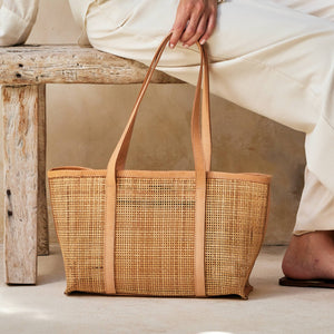 Rattan Basket Weave Tote with Light Leather