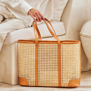 Large Rattan Cane Weave Tote with Brown Leather Trim
