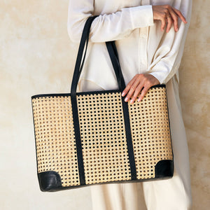 Large Rattan Cane Weave Tote with Black Leather Trim