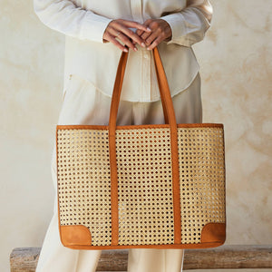 Large Rattan Cane Weave Tote with Brown Leather Trim