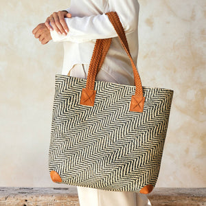 Oversized Rattan Tote with Brown Leather Trim