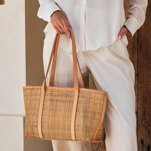 Rattan Basket Weave Tote with Light Leather