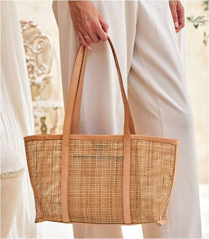 Rattan Basket Weave Tote with Light Leather
