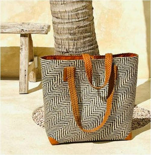 Oversized Rattan Tote with Brown Leather Trim