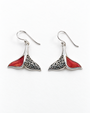 Sterling Silver Whale Tail Red Coral Inlay Drop Earrings