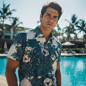 Puakala Blue on White Aloha Shirt