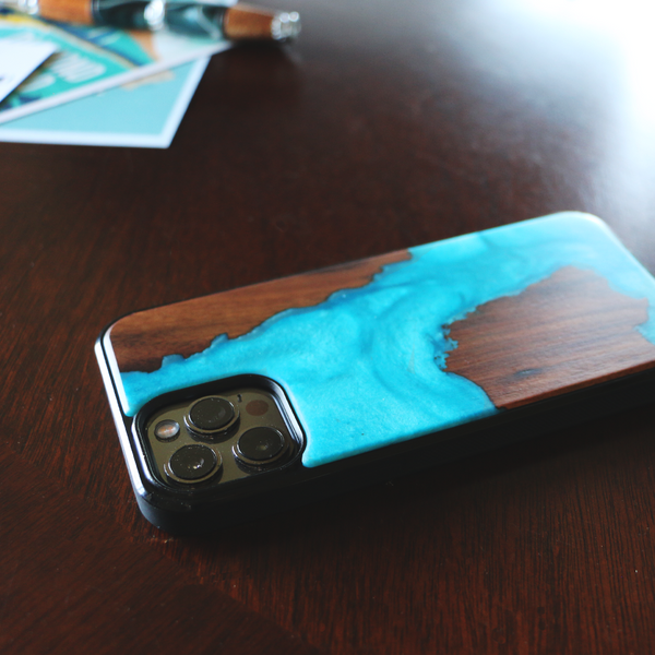 Koa Wood and Aqua Resin Phone Case