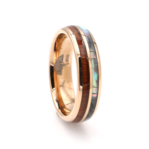 Koa Wood and Abalone Rose Gold Tungsten Ring Rounded 6mm