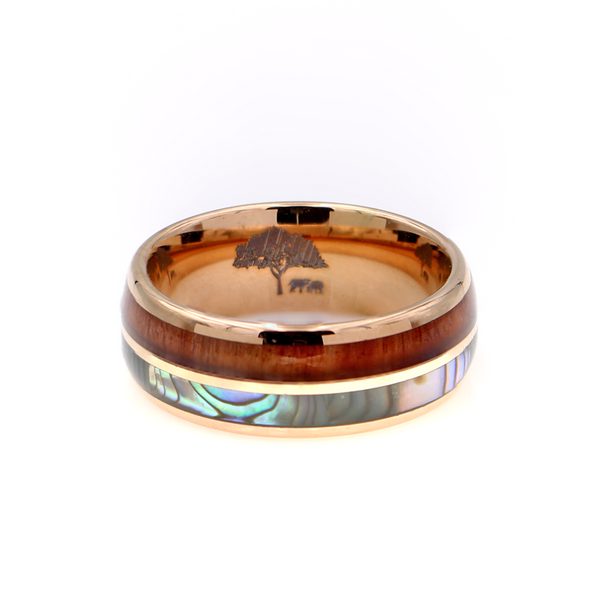 Koa Wood and Abalone Rose Gold Tungsten Ring 8mm