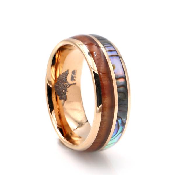 Koa Wood and Abalone Rose Gold Tungsten Ring 8mm