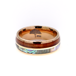 Koa Wood and Abalone Rose Gold Tungsten Ring 8mm
