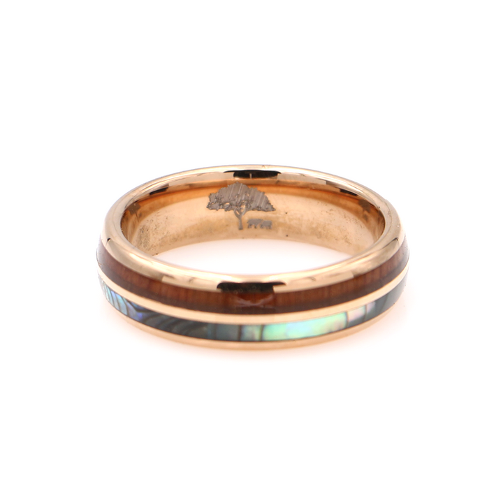 Koa Wood and Abalone Rose Gold Tungsten Ring Rounded 6mm